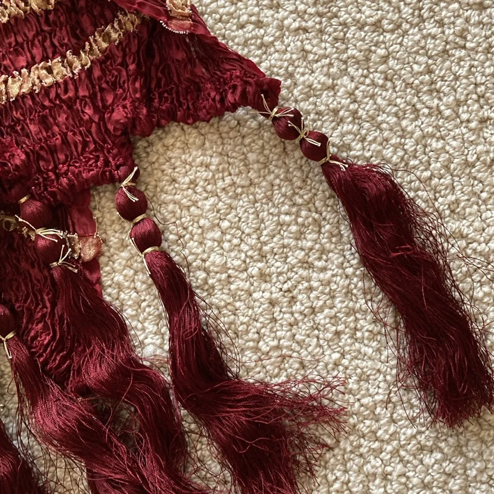 Anthropologie Smocked Ruched Tassel Fringe Scarf Luxurious Deep Wine Red VEUC